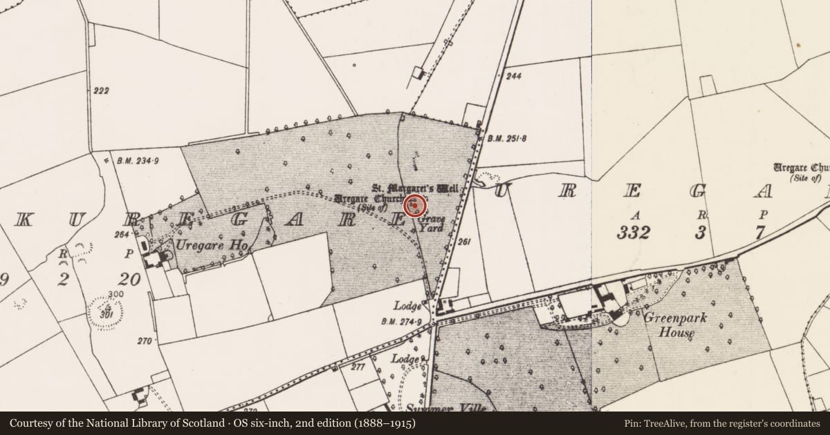 Ordnance Survey six-inch map, 2nd edition (1888–1915) covering the location of Graveyard, Knockuregare, County Limerick, with a pin at the register's coordinates