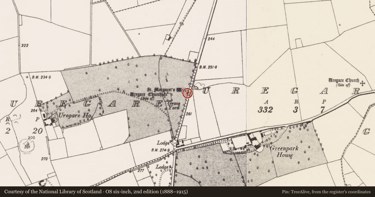 Ordnance Survey six-inch map, 2nd edition (1888–1915) covering the location of Ritual site - holy well, Knockuregare, County Limerick, with a pin at the register's coordinates