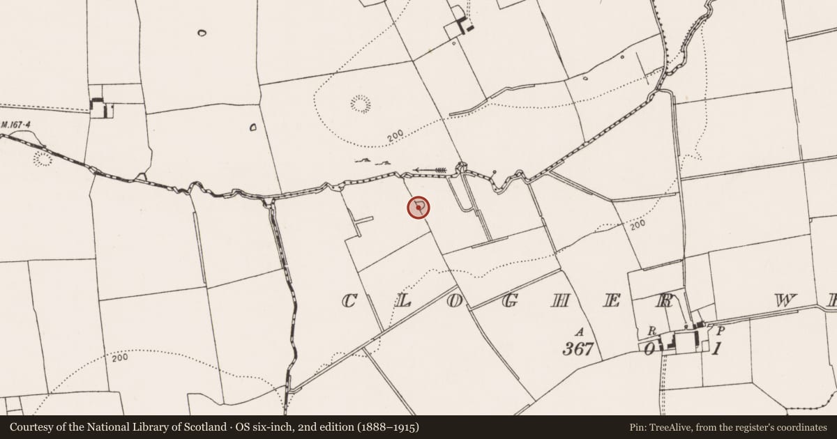 Ordnance Survey six-inch map, 2nd edition (1888–1915) covering the location of Enclosure, Clogher West, County Limerick, with a pin at the register's coordinates