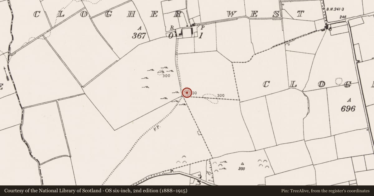 Ordnance Survey six-inch map, 2nd edition (1888–1915) covering the location of Quarry, Clogher West, County Limerick, with a pin at the register's coordinates
