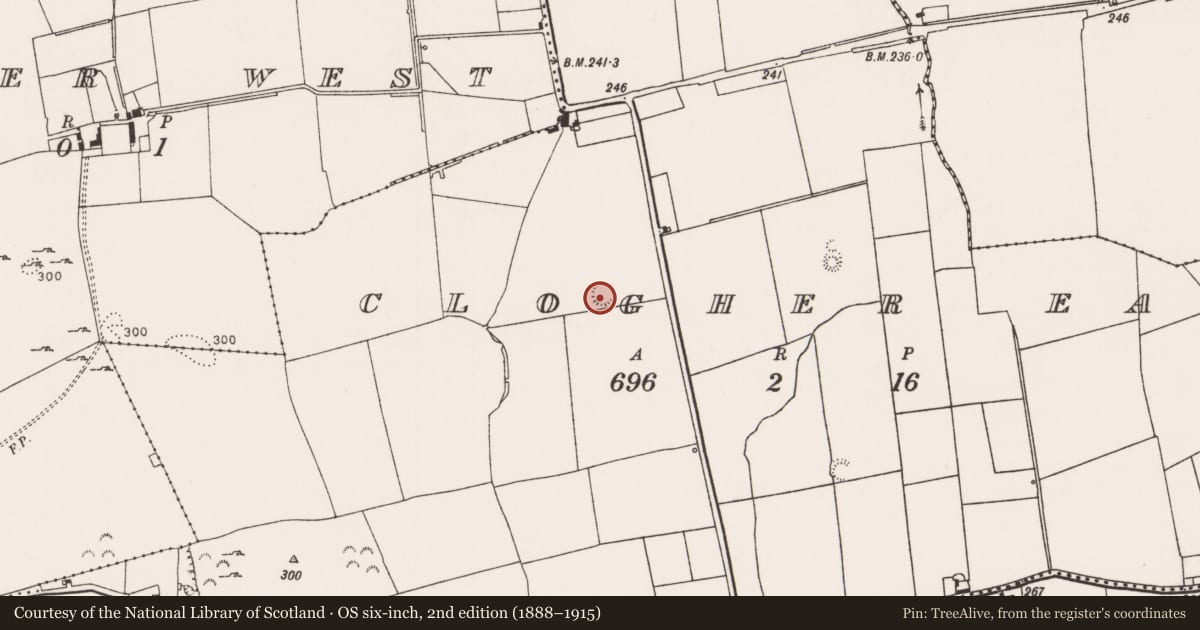 Ordnance Survey six-inch map, 2nd edition (1888–1915) covering the location of Earthwork, Clogher East, County Limerick, with a pin at the register's coordinates