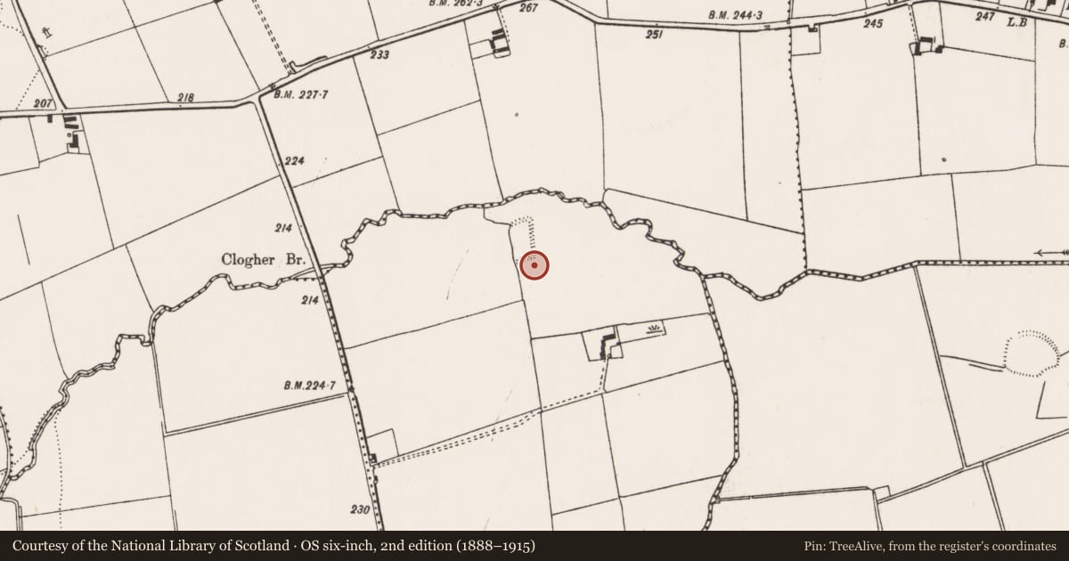 Ordnance Survey six-inch map, 2nd edition (1888–1915) covering the location of Earthwork, Clogher East, County Limerick, with a pin at the register's coordinates