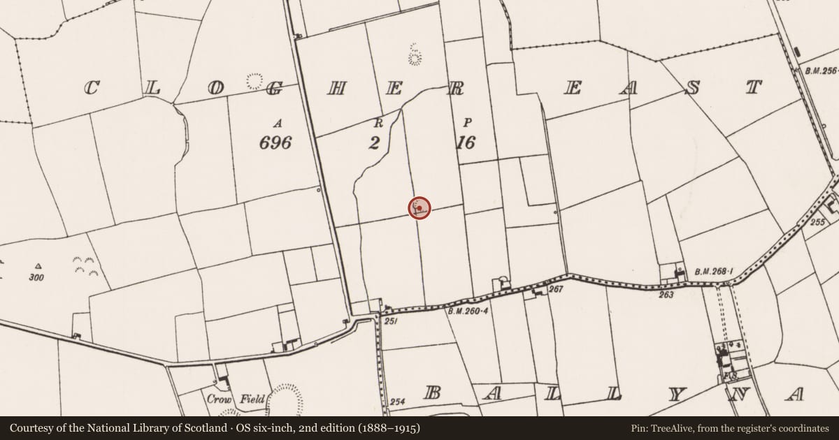 Ordnance Survey six-inch map, 2nd edition (1888–1915) covering the location of Ringfort - rath, Clogher East, County Limerick, with a pin at the register's coordinates