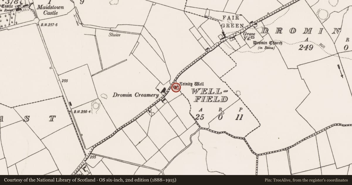 Ordnance Survey six-inch map, 2nd edition (1888–1915) covering the location of Ritual site - holy well, Ballynamuddagh, County Limerick, with a pin at the register's coordinates