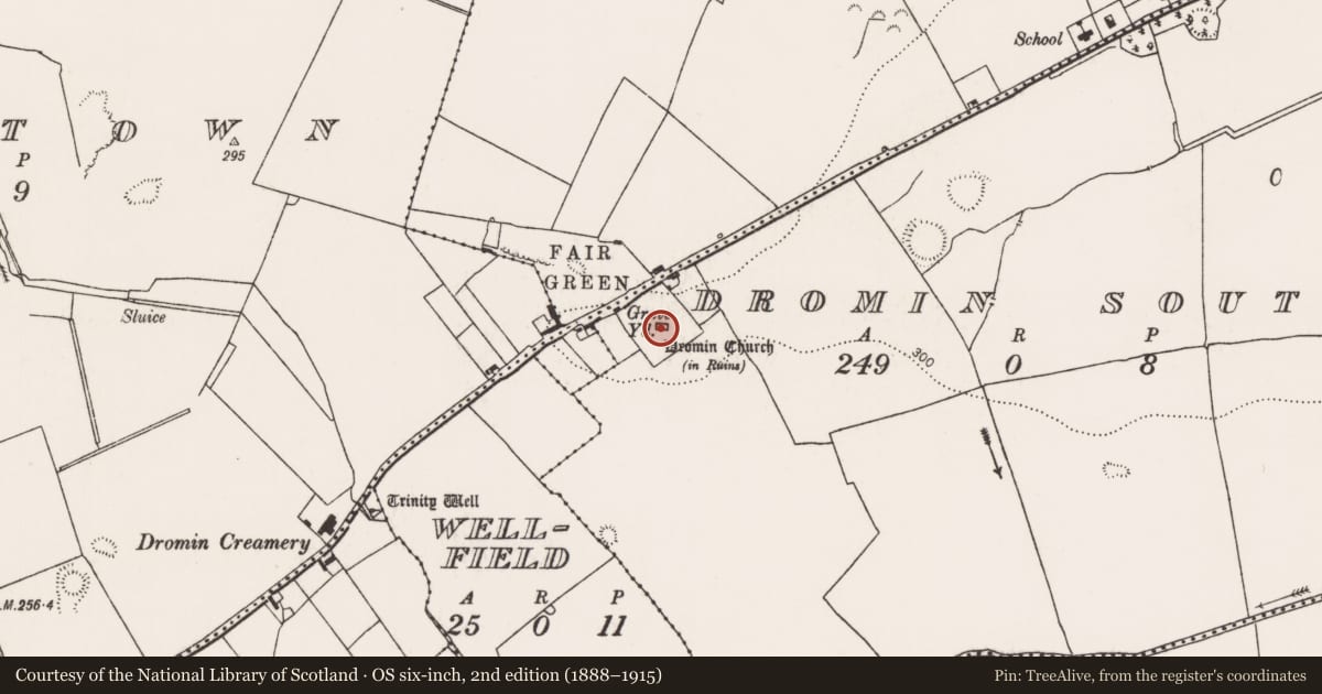 Ordnance Survey six-inch map, 2nd edition (1888–1915) covering the location of Church, Dromin South, County Limerick, with a pin at the register's coordinates