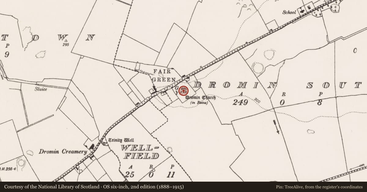 Ordnance Survey six-inch map, 2nd edition (1888–1915) covering the location of Graveyard, Dromin South, County Limerick, with a pin at the register's coordinates