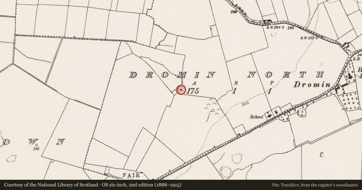 Ordnance Survey six-inch map, 2nd edition (1888–1915) covering the location of Ringfort - rath, Dromin North, County Limerick, with a pin at the register's coordinates