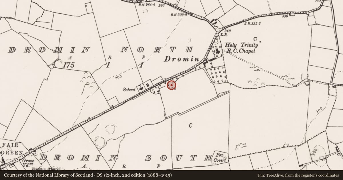 Ordnance Survey six-inch map, 2nd edition (1888–1915) covering the location of Ringfort - rath, Dromin South, County Limerick, with a pin at the register's coordinates