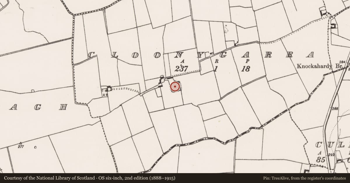 Ordnance Survey six-inch map, 2nd edition (1888–1915) covering the location of Enclosure, Cloonygarra, County Limerick, with a pin at the register's coordinates