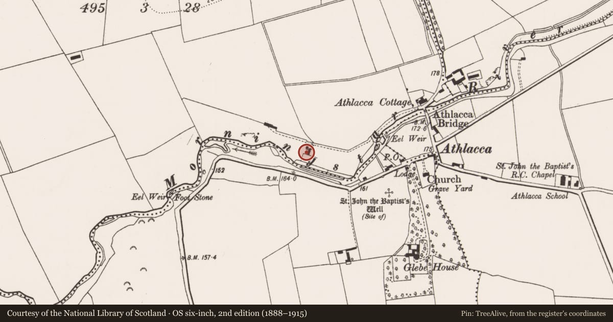 Ordnance Survey six-inch map, 2nd edition (1888–1915) covering the location of Castle - unclassified, Athlacca North, County Limerick, with a pin at the register's coordinates