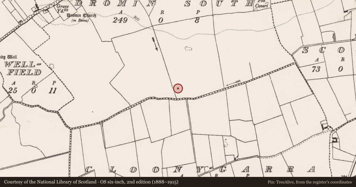 Ordnance Survey six-inch map, 2nd edition (1888–1915) covering the location of Earthwork, Dromin South, County Limerick, with a pin at the register's coordinates