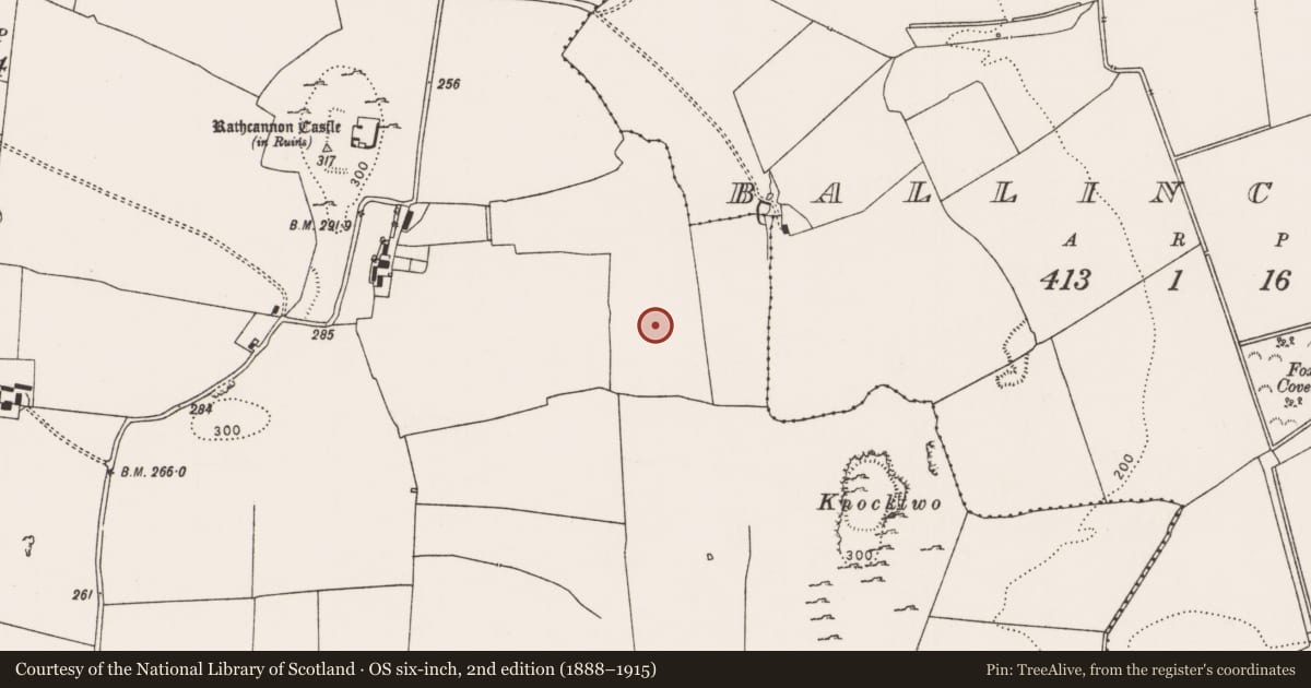 Ordnance Survey six-inch map, 2nd edition (1888–1915) covering the location of Enclosure, Rathcannon, County Limerick, with a pin at the register's coordinates