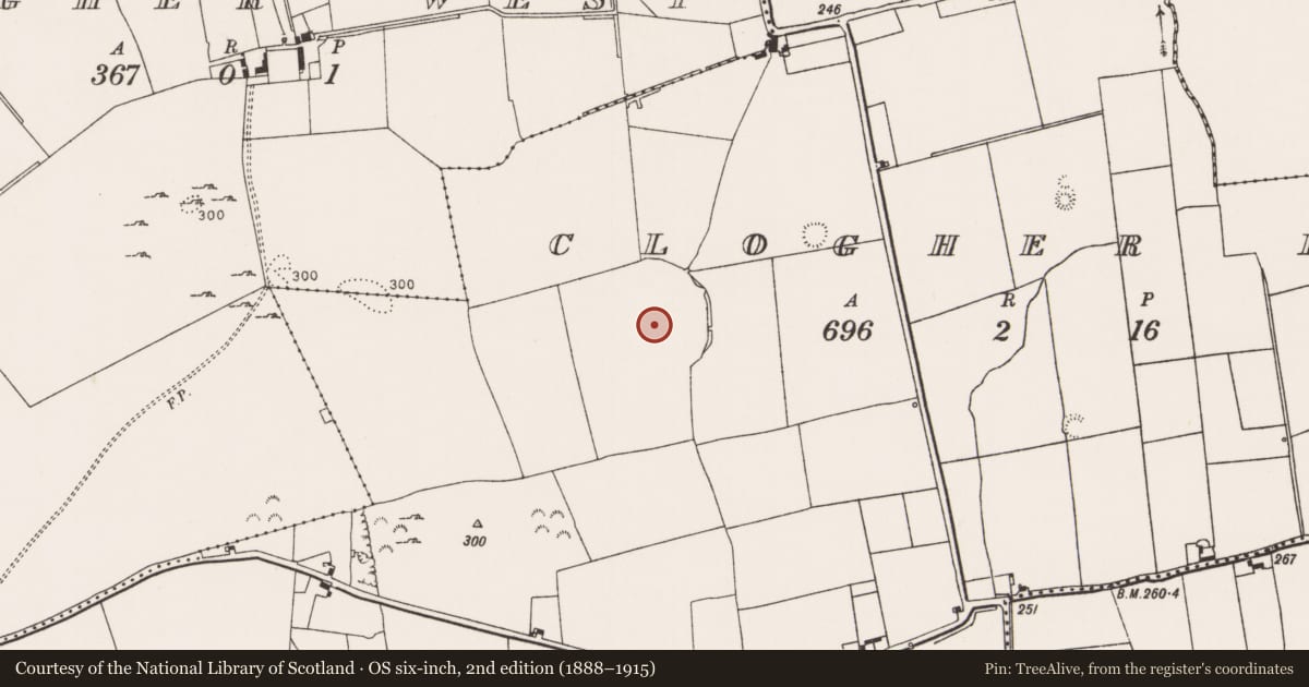 Ordnance Survey six-inch map, 2nd edition (1888–1915) covering the location of Enclosure, Clogher East, County Limerick, with a pin at the register's coordinates