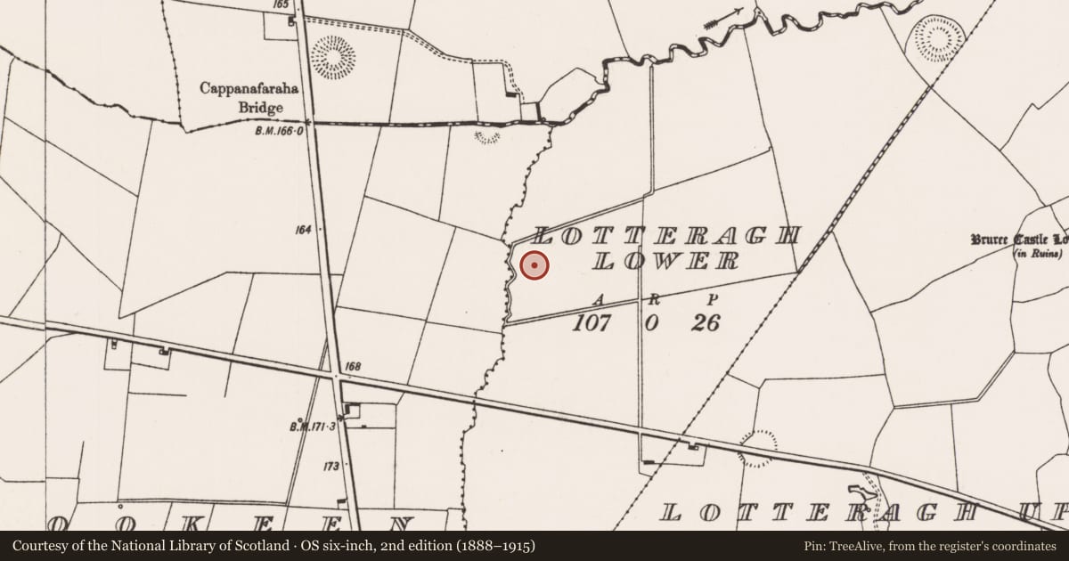 Ordnance Survey six-inch map, 2nd edition (1888–1915) covering the location of Enclosure, Lotteragh Lower, County Limerick, with a pin at the register's coordinates