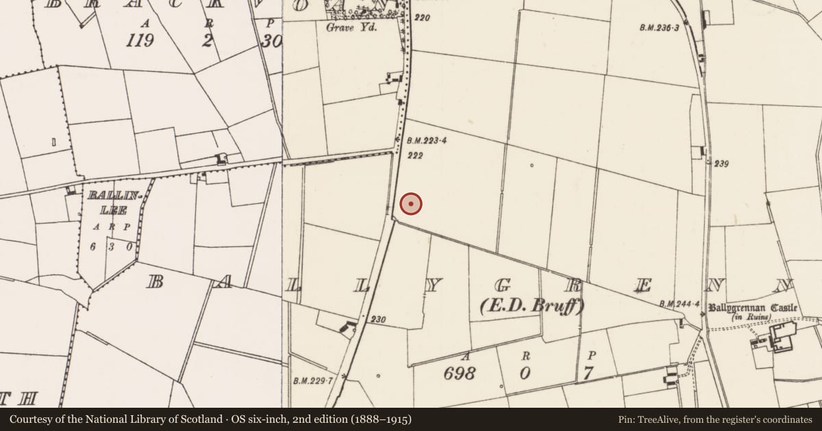 Ordnance Survey six-inch map, 2nd edition (1888–1915) covering the location of Earthwork, Ballygrennan, County Limerick, with a pin at the register's coordinates