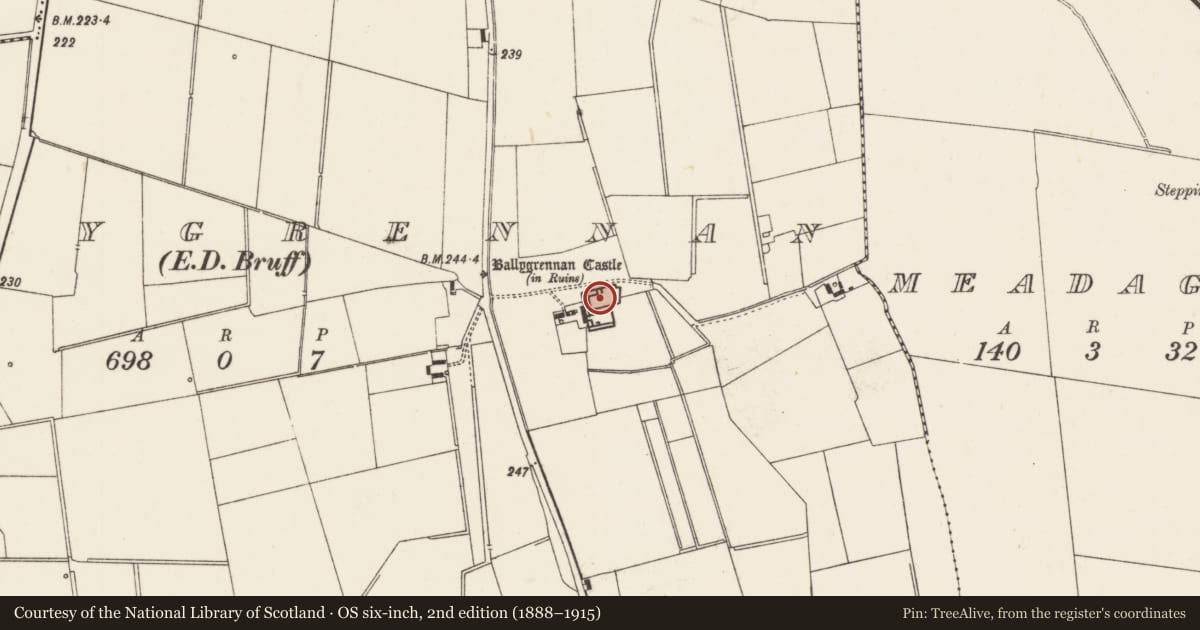 Ordnance Survey six-inch map, 2nd edition (1888–1915) covering the location of Bawn, Ballygrennan, County Limerick, with a pin at the register's coordinates