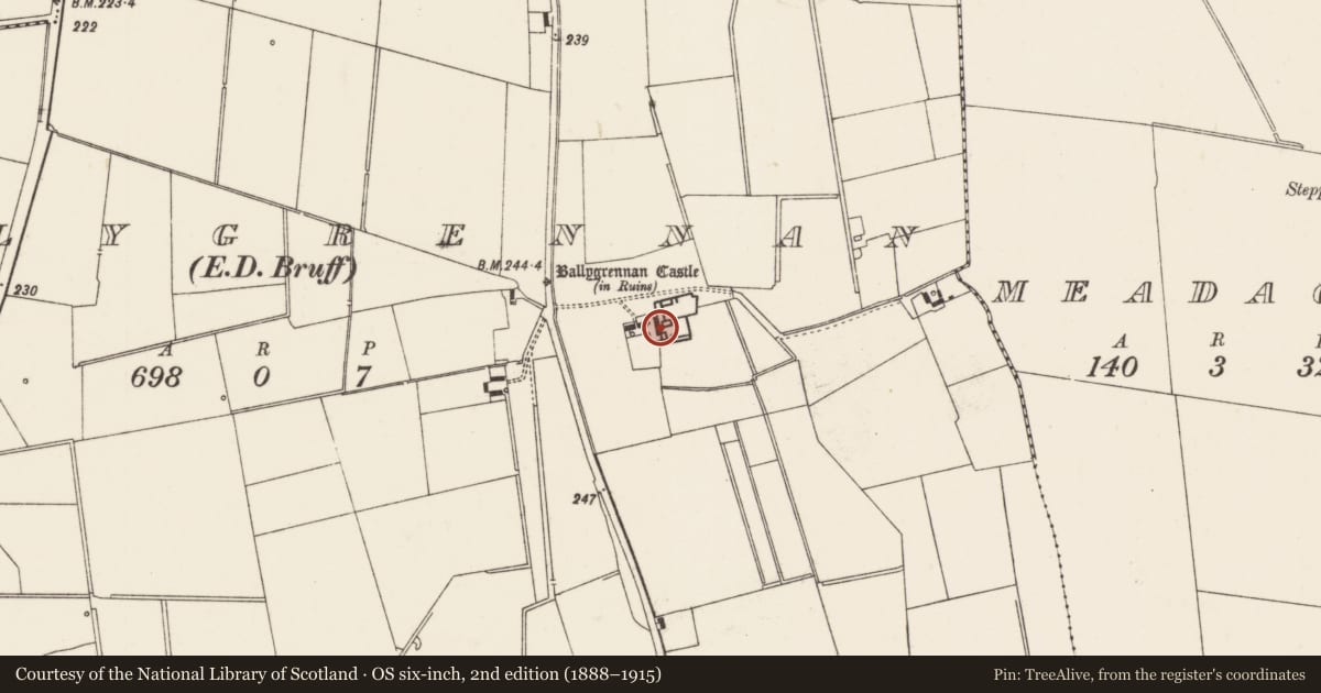 Ordnance Survey six-inch map, 2nd edition (1888–1915) covering the location of House - 17th century, Ballygrennan, County Limerick, with a pin at the register's coordinates