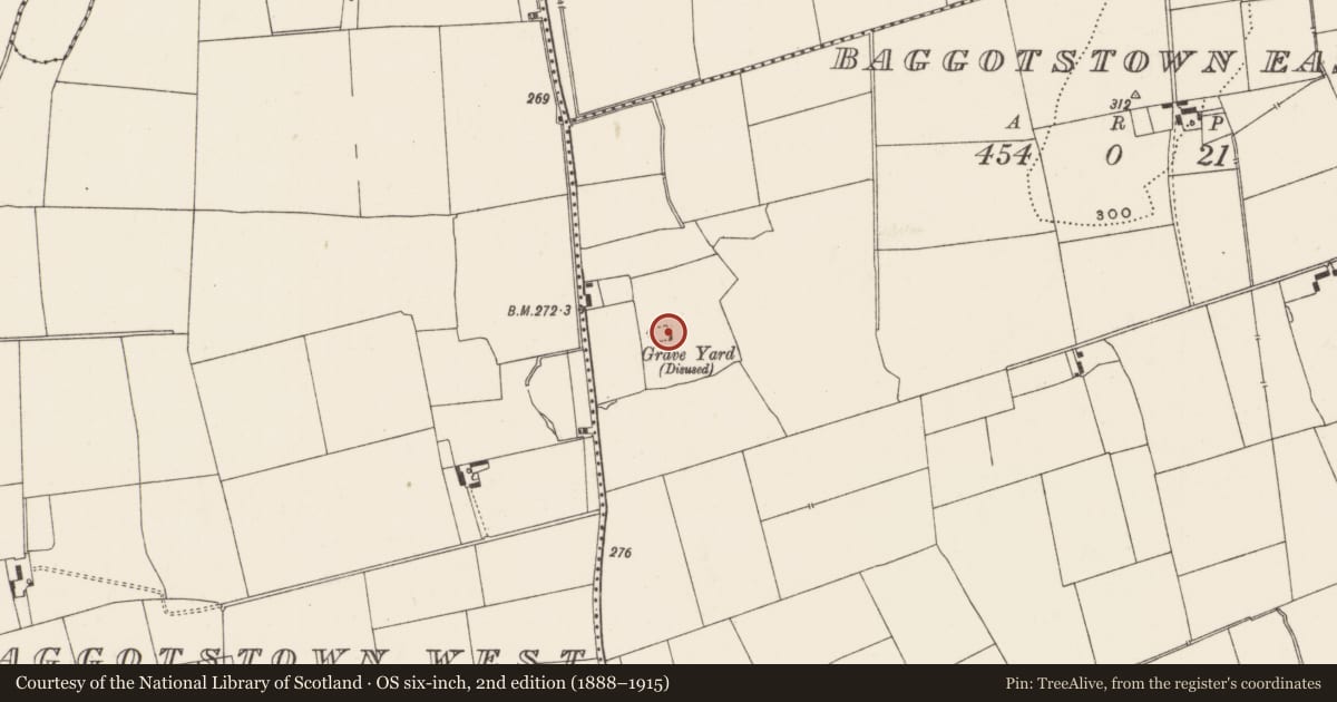 Ordnance Survey six-inch map, 2nd edition (1888–1915) covering the location of Burial ground, Baggotstown East, County Limerick, with a pin at the register's coordinates