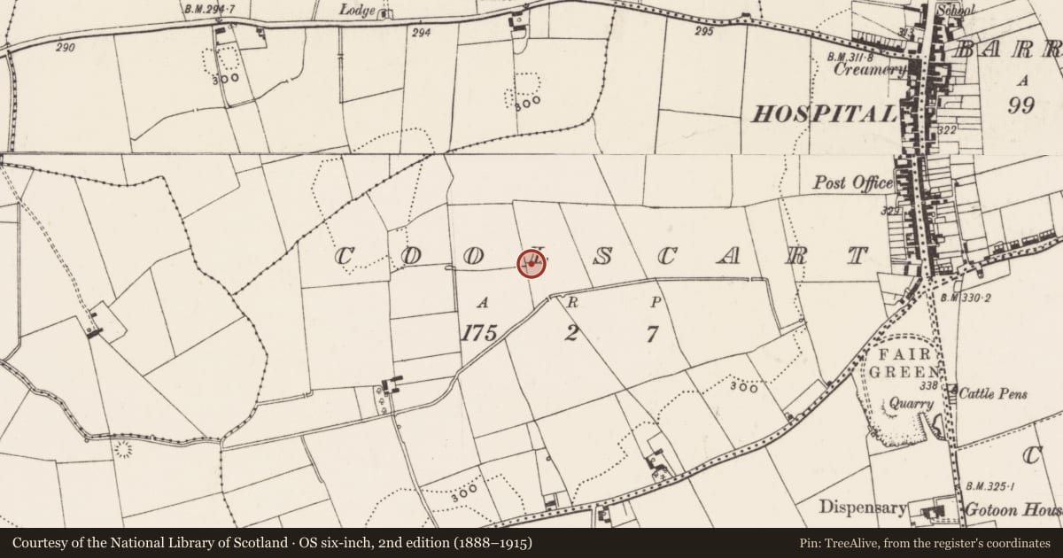 Ordnance Survey six-inch map, 2nd edition (1888–1915) covering the location of Enclosure, Coolscart, County Limerick, with a pin at the register's coordinates