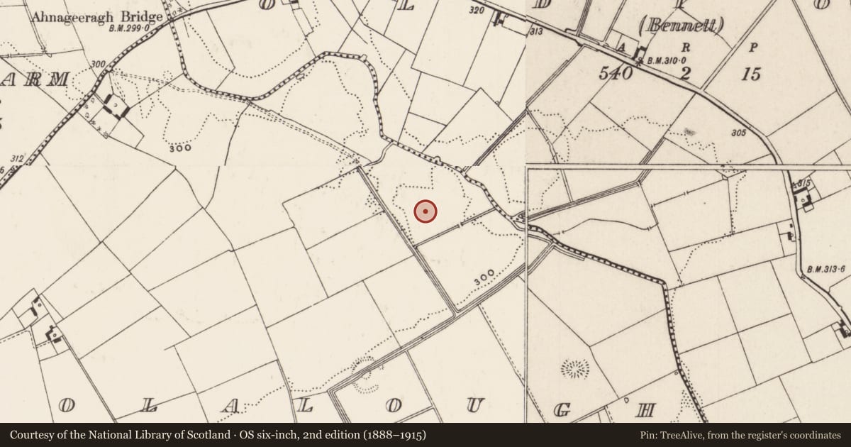 Ordnance Survey six-inch map, 2nd edition (1888–1915) covering the location of Barrow - ring-barrow, Coolalough, County Limerick, with a pin at the register's coordinates