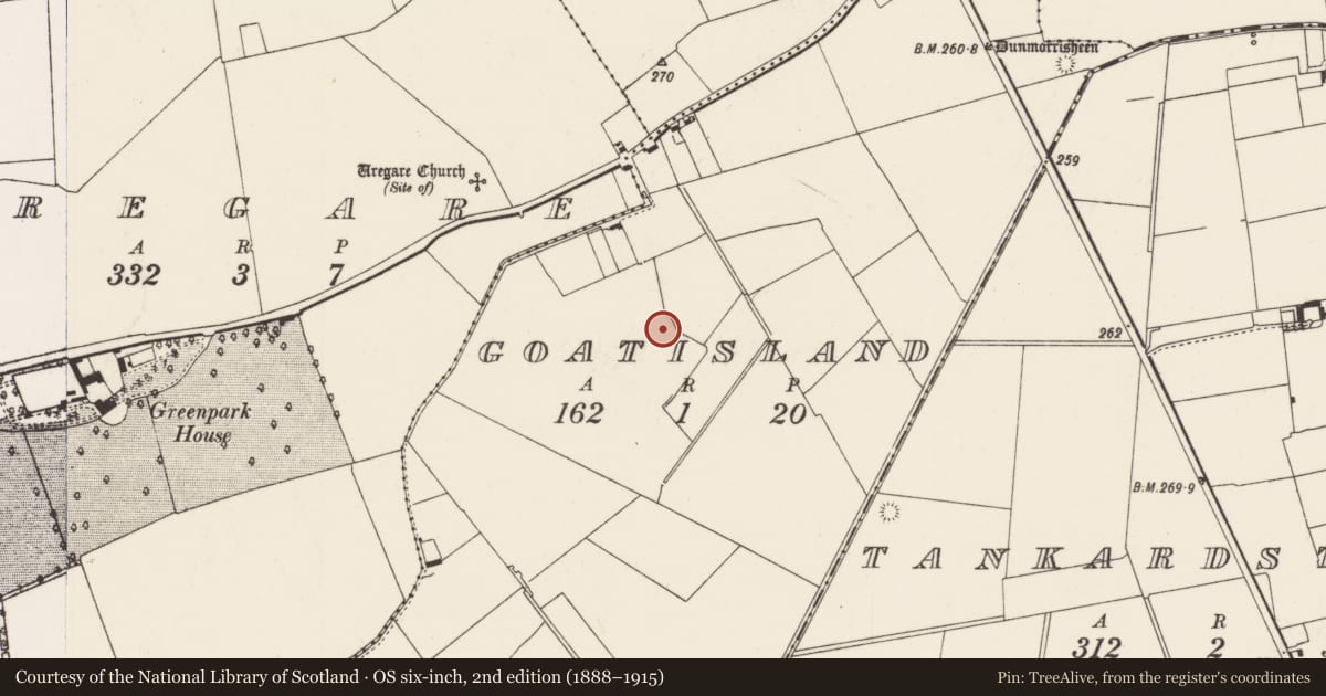 Ordnance Survey six-inch map, 2nd edition (1888–1915) covering the location of Enclosure, Goat Island, County Limerick, with a pin at the register's coordinates