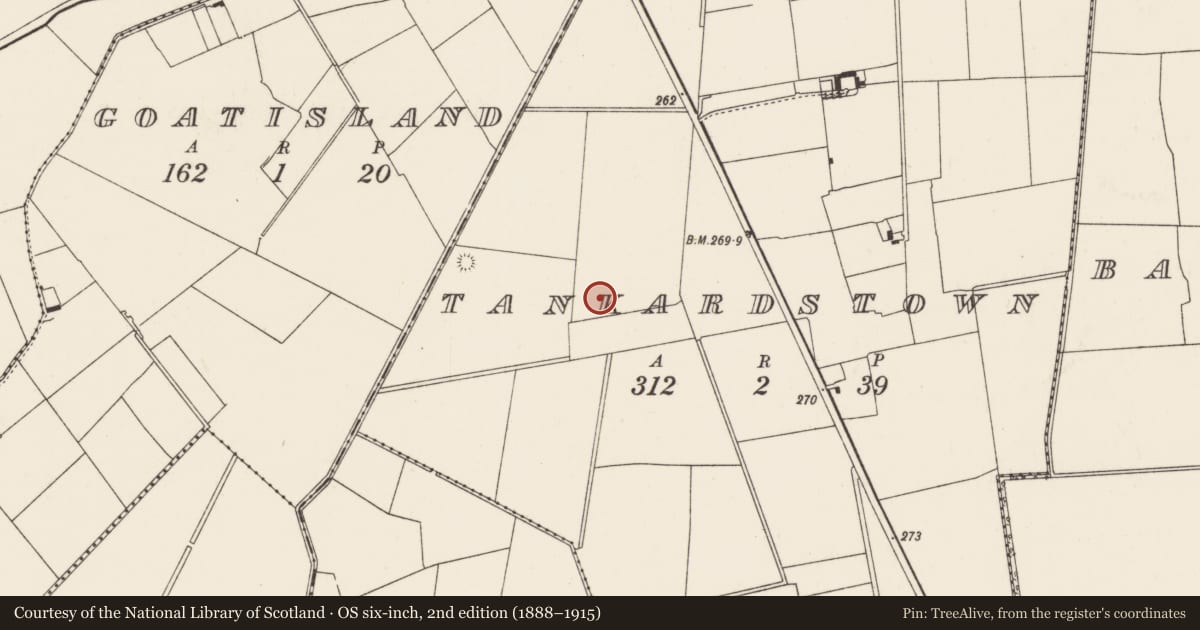 Ordnance Survey six-inch map, 2nd edition (1888–1915) covering the location of Barrow - ditch barrow, Tankardstown, County Limerick, with a pin at the register's coordinates