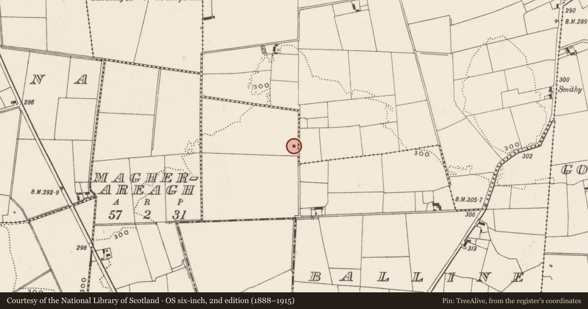 Ordnance Survey six-inch map, 2nd edition (1888–1915) covering the location of Earthwork, Balline, County Limerick, with a pin at the register's coordinates