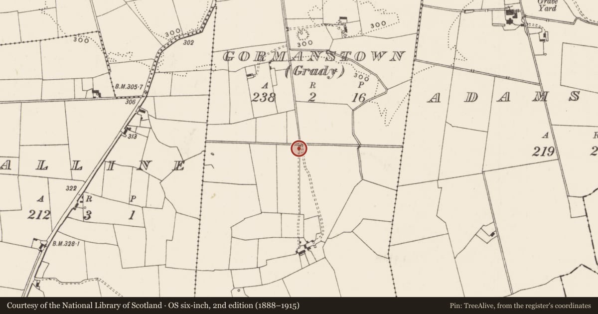 Ordnance Survey six-inch map, 2nd edition (1888–1915) covering the location of Barrow - ring-barrow, Gormanstown (Grady), County Limerick, with a pin at the register's coordinates