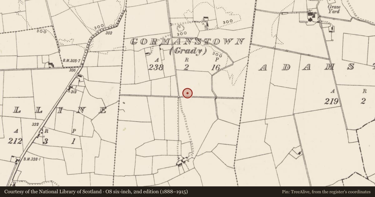 Ordnance Survey six-inch map, 2nd edition (1888–1915) covering the location of Barrow - unclassified, Gormanstown (Grady), County Limerick, with a pin at the register's coordinates
