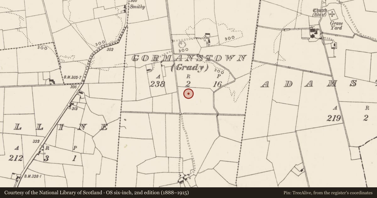 Ordnance Survey six-inch map, 2nd edition (1888–1915) covering the location of Barrow - unclassified, Gormanstown (Grady), County Limerick, with a pin at the register's coordinates