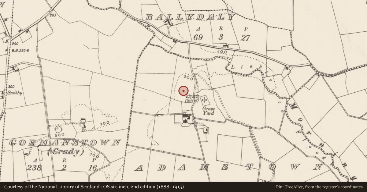 Ordnance Survey six-inch map, 2nd edition (1888–1915) covering the location of Earthwork, Adamstown, County Limerick, with a pin at the register's coordinates