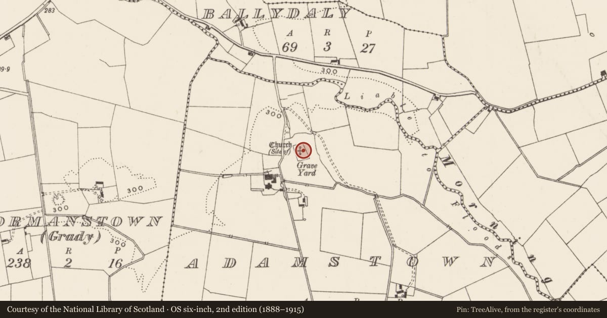 Ordnance Survey six-inch map, 2nd edition (1888–1915) covering the location of Church, Adamstown, County Limerick, with a pin at the register's coordinates