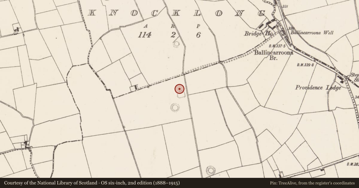 Ordnance Survey six-inch map, 2nd edition (1888–1915) covering the location of Earthwork, Knocklong West, County Limerick, with a pin at the register's coordinates