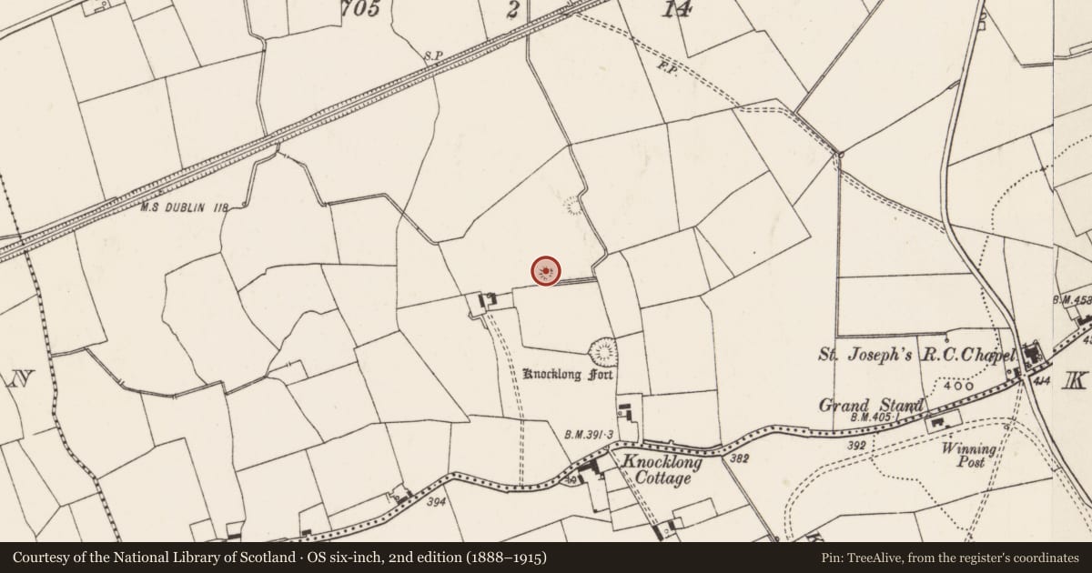 Ordnance Survey six-inch map, 2nd edition (1888–1915) covering the location of Earthwork, Knocklong West, County Limerick, with a pin at the register's coordinates