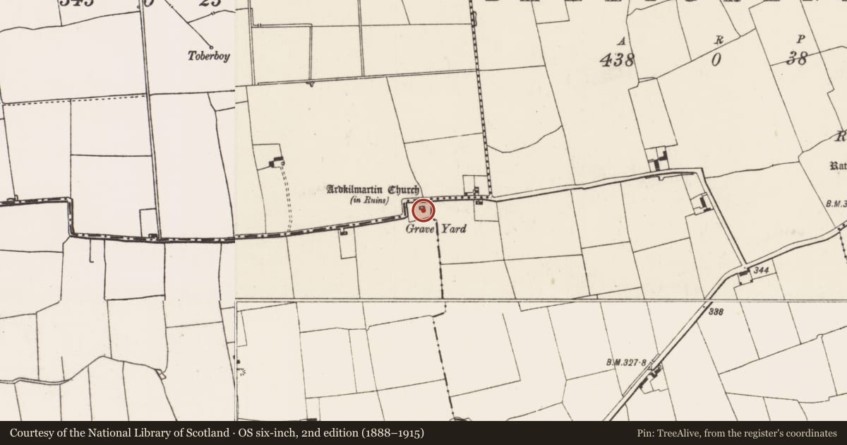 Ordnance Survey six-inch map, 2nd edition (1888–1915) covering the location of Church, Ardkilmartin, County Limerick, with a pin at the register's coordinates
