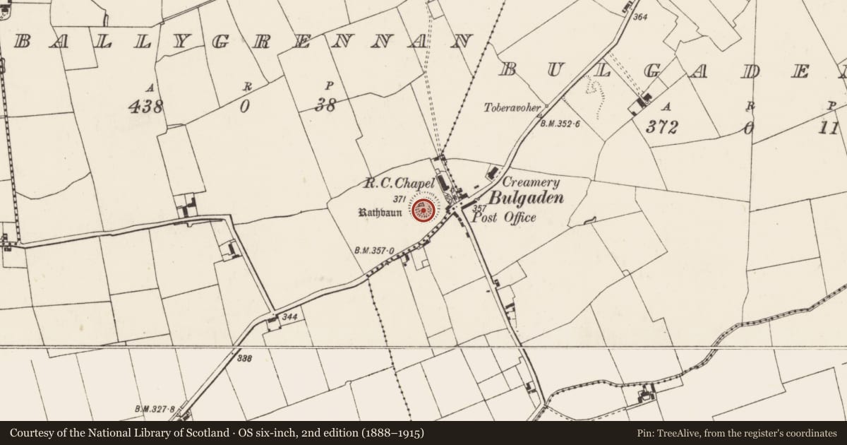 Ordnance Survey six-inch map, 2nd edition (1888–1915) covering the location of Ringfort - rath, Ballygrennan, County Limerick, with a pin at the register's coordinates
