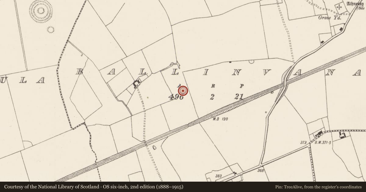 Ordnance Survey six-inch map, 2nd edition (1888–1915) covering the location of Earthwork, Ballinvana, County Limerick, with a pin at the register's coordinates