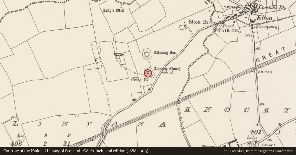 Ordnance Survey six-inch map, 2nd edition (1888–1915) covering the location of Graveyard, Ballinvana, County Limerick, with a pin at the register's coordinates