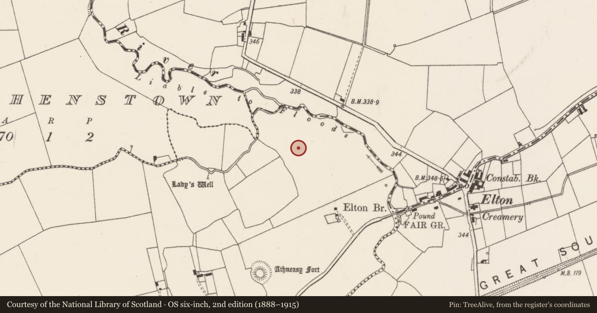 Ordnance Survey six-inch map, 2nd edition (1888–1915) covering the location of Barrow - ditch barrow, Ballinvana, County Limerick, with a pin at the register's coordinates