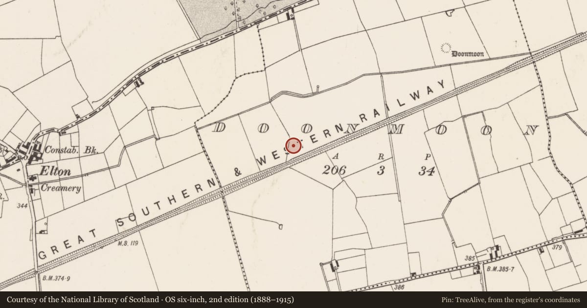Ordnance Survey six-inch map, 2nd edition (1888–1915) covering the location of Kiln, Doonmoon, County Limerick, with a pin at the register's coordinates