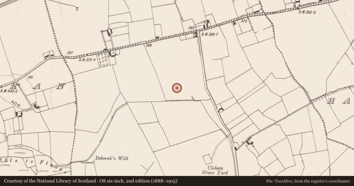Ordnance Survey six-inch map, 2nd edition (1888–1915) covering the location of Field system, Ballynahinch, County Limerick, with a pin at the register's coordinates