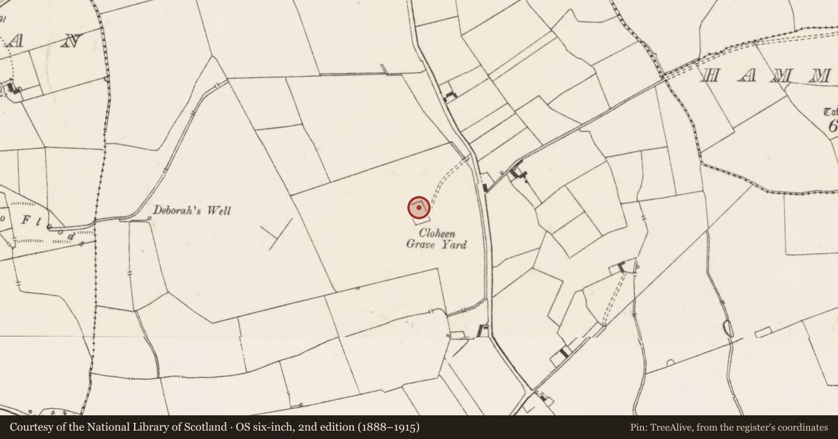 Ordnance Survey six-inch map, 2nd edition (1888–1915) covering the location of Cross-inscribed stone, Ballynahinch, County Limerick, with a pin at the register's coordinates
