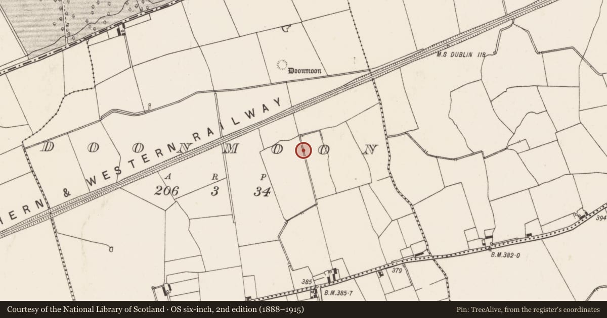 Ordnance Survey six-inch map, 2nd edition (1888–1915) covering the location of Earthwork, Doonmoon, County Limerick, with a pin at the register's coordinates