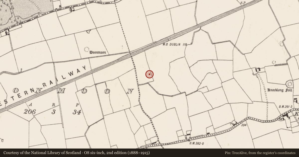 Ordnance Survey six-inch map, 2nd edition (1888–1915) covering the location of Barrow - ditch barrow, Knocklong West, County Limerick, with a pin at the register's coordinates