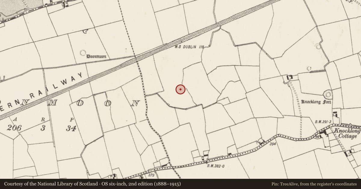Ordnance Survey six-inch map, 2nd edition (1888–1915) covering the location of Barrow - ditch barrow, Knocklong West, County Limerick, with a pin at the register's coordinates