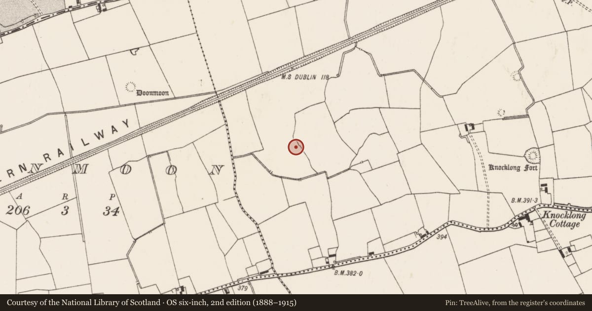 Ordnance Survey six-inch map, 2nd edition (1888–1915) covering the location of Barrow - ditch barrow, Knocklong West, County Limerick, with a pin at the register's coordinates
