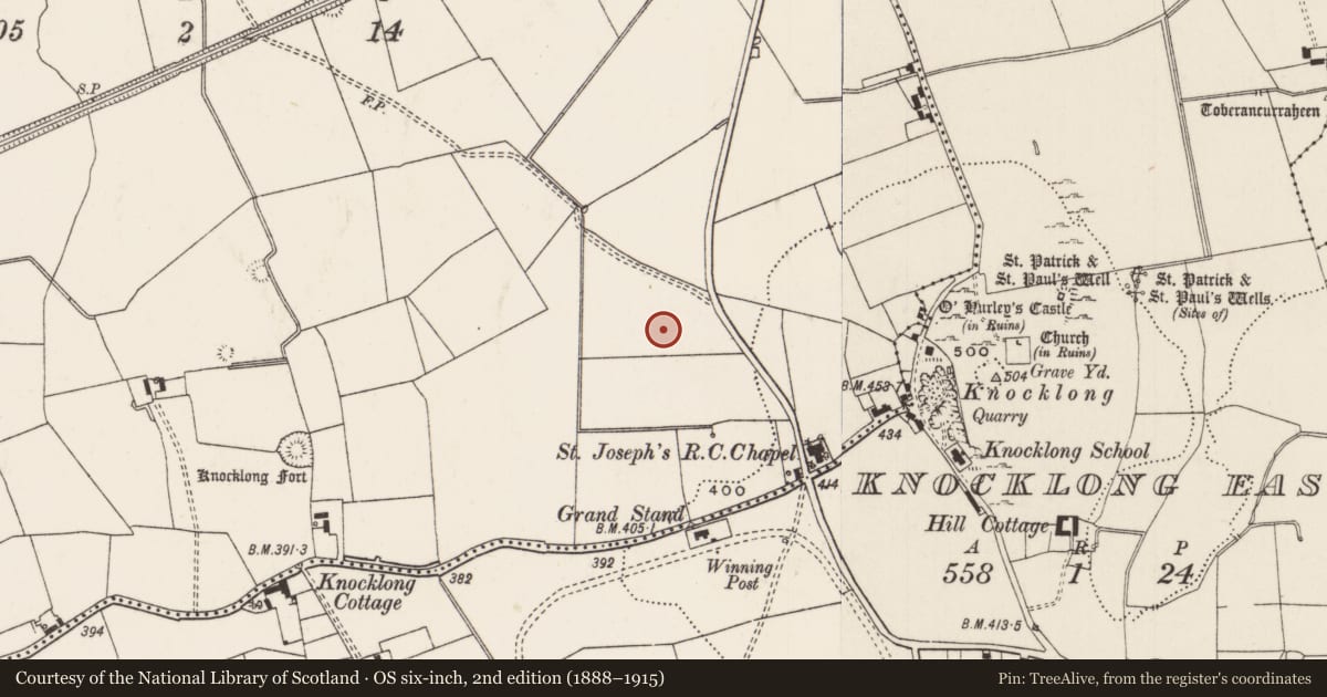 Ordnance Survey six-inch map, 2nd edition (1888–1915) covering the location of Earthwork, Knocklong West, County Limerick, with a pin at the register's coordinates