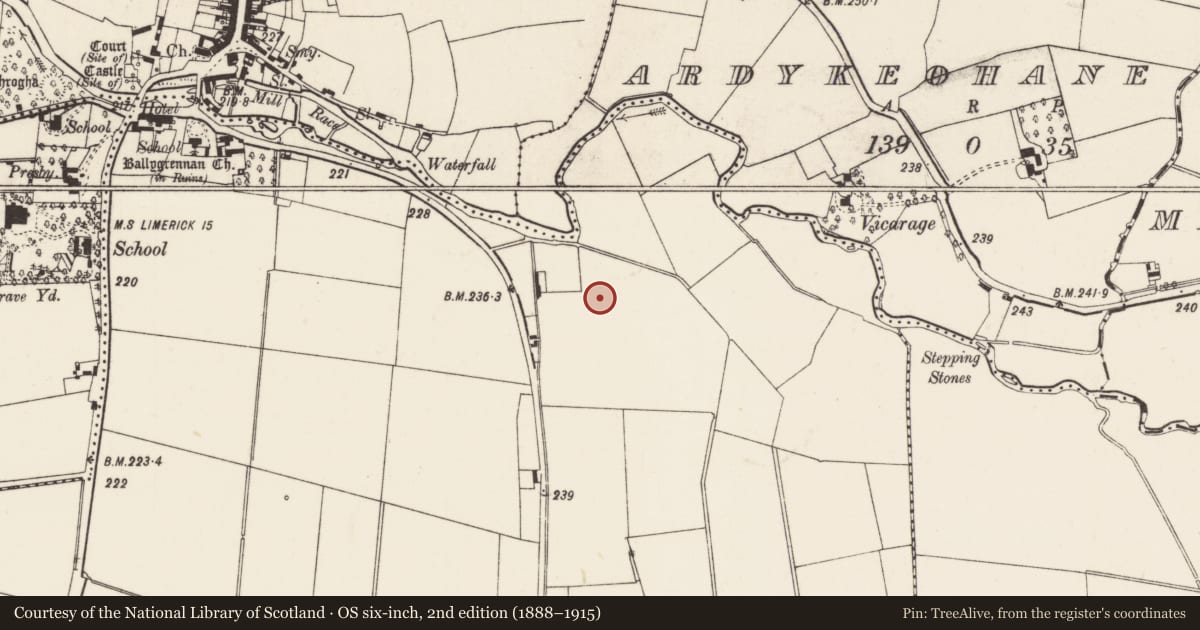 Ordnance Survey six-inch map, 2nd edition (1888–1915) covering the location of Enclosure, Ballygrennan, County Limerick, with a pin at the register's coordinates