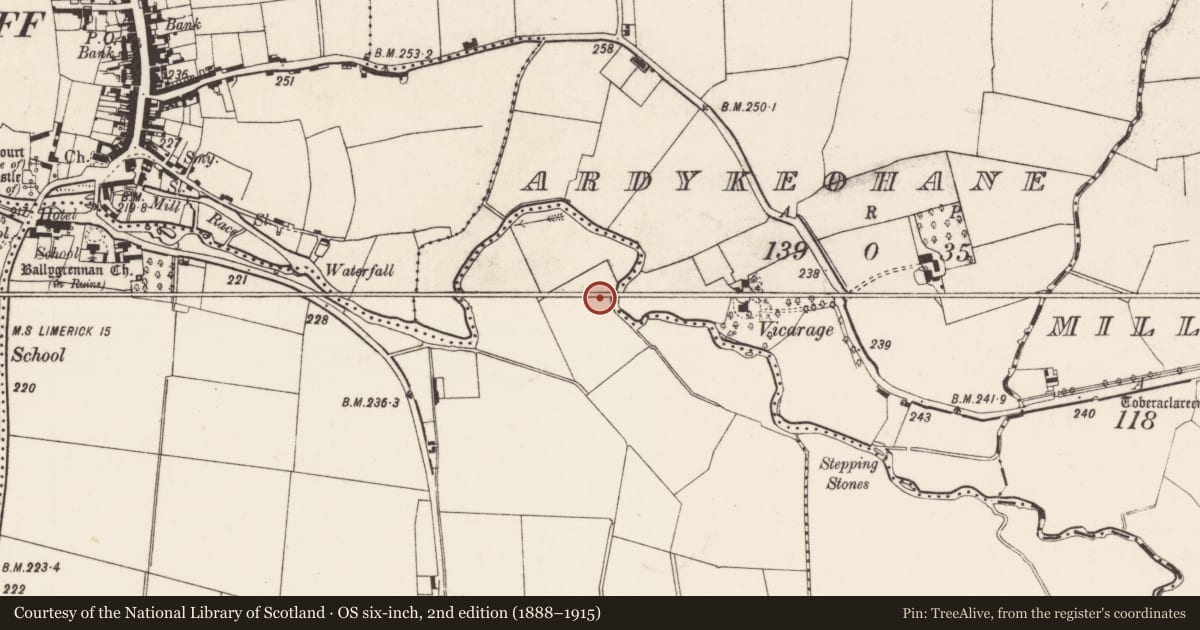 Ordnance Survey six-inch map, 2nd edition (1888–1915) covering the location of Enclosure, Ballygrennan, County Limerick, with a pin at the register's coordinates