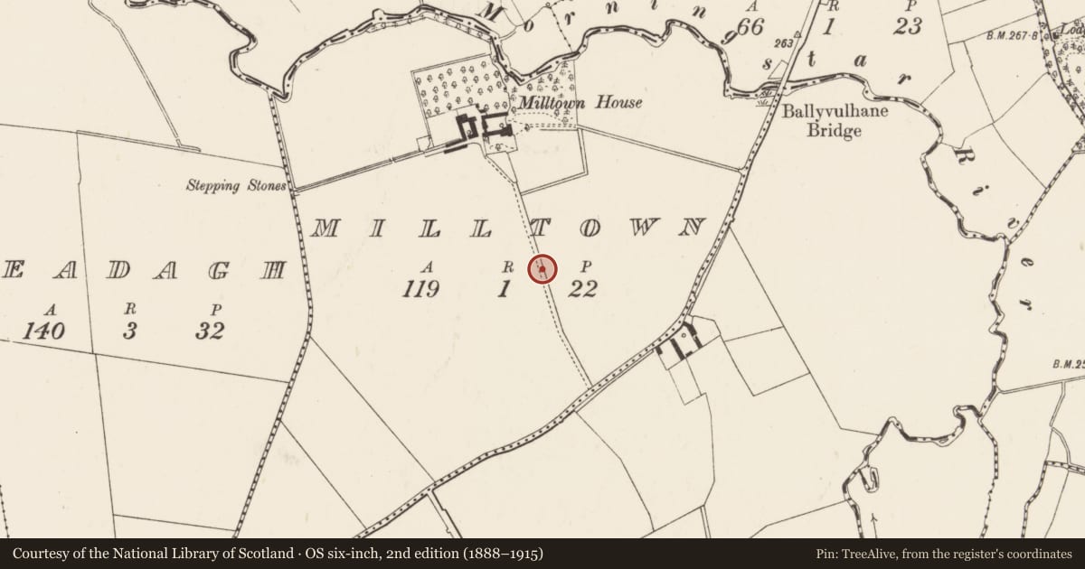 Ordnance Survey six-inch map, 2nd edition (1888–1915) covering the location of Enclosure, Milltown, County Limerick, with a pin at the register's coordinates